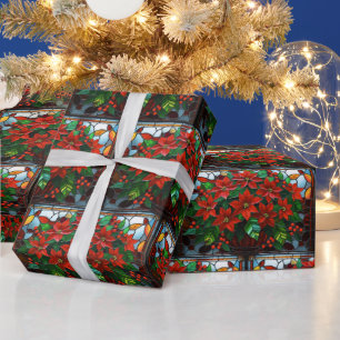 Glasmalerei Rote Poinsettien-Blumen und Beeren  Geschenkpapier