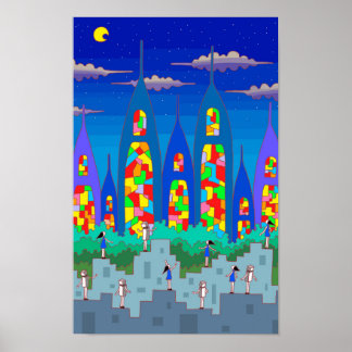 Glasmalerei-Stadt in einer sternenklaren Nacht. Poster