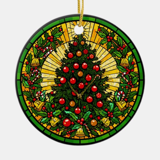Glasmalerei-Stechpalme & Glockenbaum Keramik Ornament (Vorne)