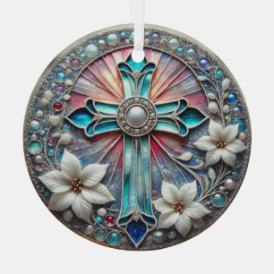 Glasquerschnitt mit Perlen und Poinsettias Ornament Aus Glas