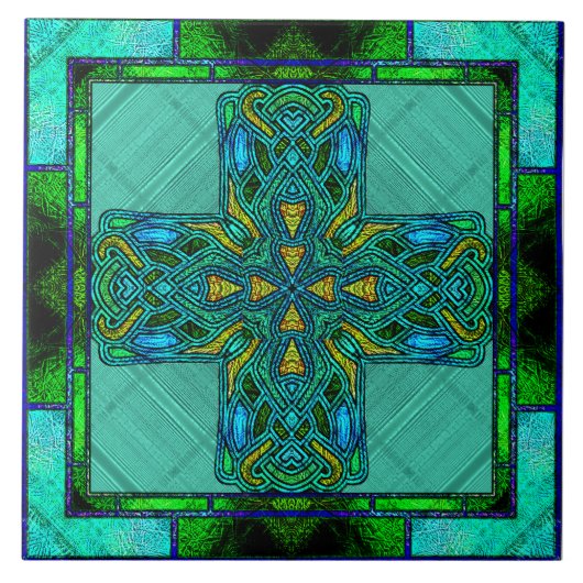 Glass Celtic Cross in Gold und Grün Fliese (Vorderseite)