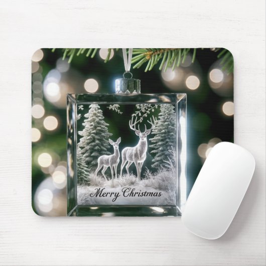 Glass Christmas Deer Ornament on Pine Tree Mousepad (Mit Mouse)