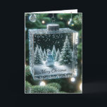 Glass Christmas Snowman Ornament Feiertagskarte<br><div class="desc">Eine festliche Schneeszene wird in einem funkelnden Glasschmuck aus einem Weihnachtsbaum eingefangen,  umgeben von funkelnden Lichtern und fröhlichem Weihnachtstext</div>
