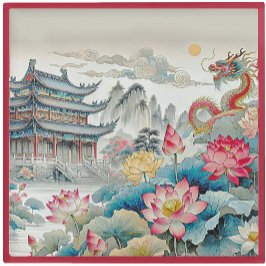 GLASS COASTER - A Dragon, Pagoda & Flower Garden Glasuntersetzer