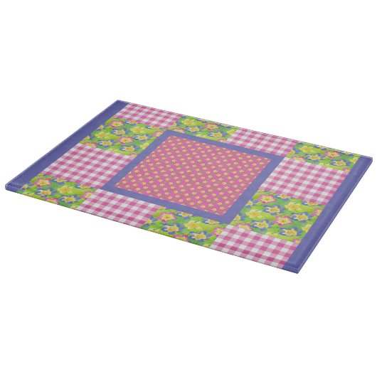 Glass Cutting Board: Pink Primroses Polkas Gingham Schneidebrett (Ecke)