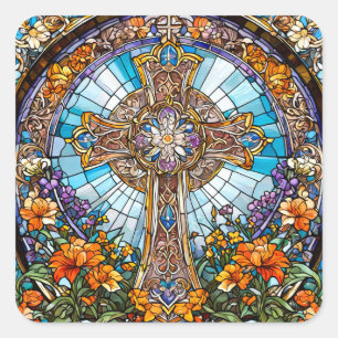 Glass-Heiligkreuz mit Blume Quadratischer Aufkleber