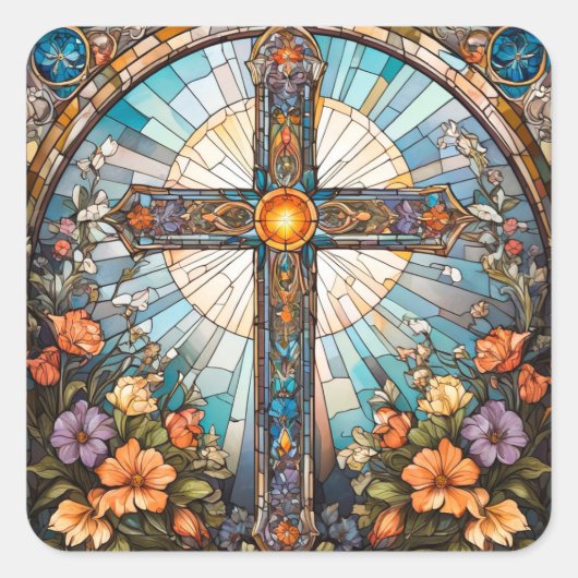 Glass-Heiligkreuz mit Blume Quadratischer Aufkleber (Vorderseite)