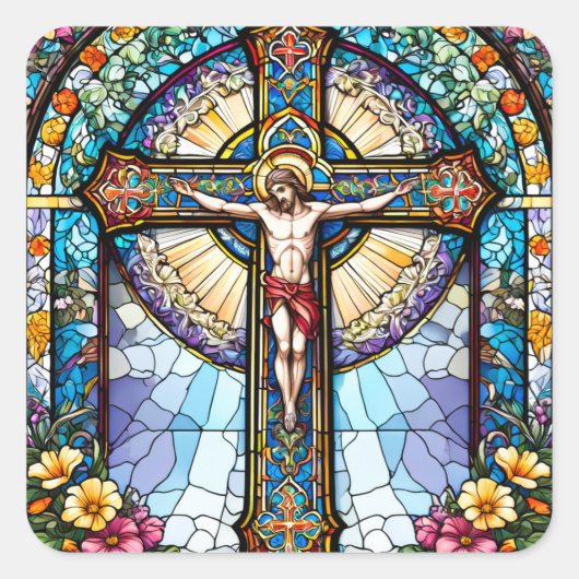 Glass Jesus auf Kreuz mit Blume Quadratischer Aufkleber (Vorderseite)