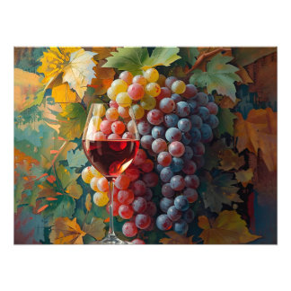 Glass of Red Wine with Grapes and Leaves Fotodruck