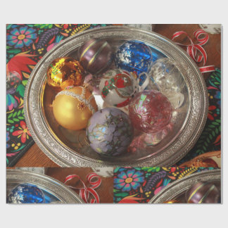 Glass ornaments in silver box with folk art geschenkpapier
