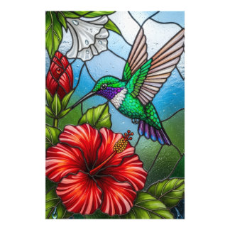 Glass Patchwork Hummingbird Garden Floral Mosaic Fotodruck