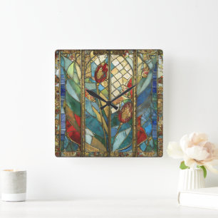 Glass Rote Hauptopftiere bei Sonnenaufgang Quadratische Wanduhr