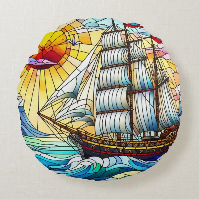 Glass Segelschiff Rundes Kissen (Vorderseite)