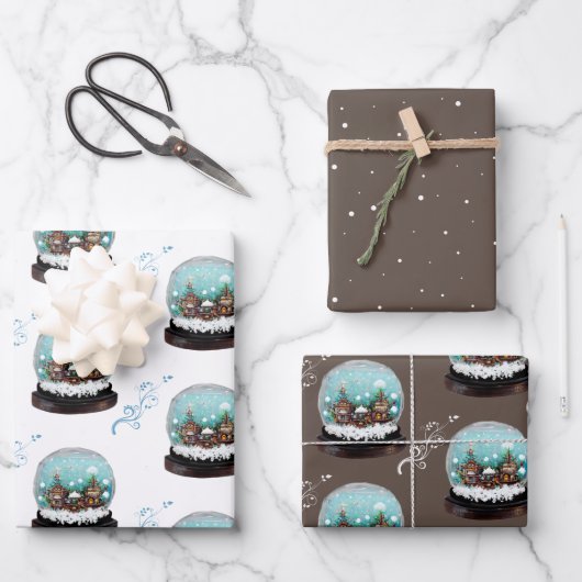 Glass Snowball Winter Village Brown Weihnachten Geschenkpapier Set (Vorderseite)