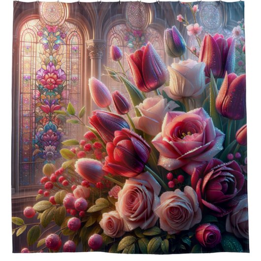 "Glass Splendor: Kissed Rose Bouquet" Duschvorhang (Vorderseite)