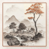 GLASS-UNTERSETZER - ein Dorf, Roter Baum und Gebir Glasuntersetzer (Vorderseite)