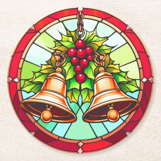 Glass Weihnachtsglocken mit Holly Runder Pappuntersetzer (Vorderseite)