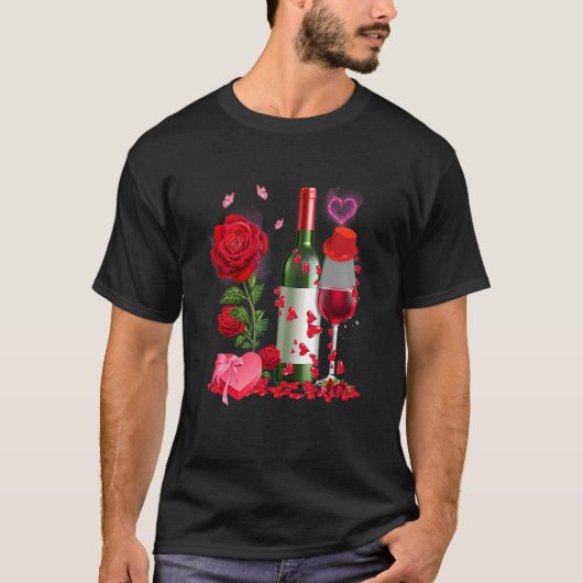 Glasses Wine Rose Heart Funny Couple Valentines Da T-Shirt (Vorderseite)
