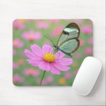 Glasswing Butterfly On a Cosmos Flower Mousepad<br><div class="desc">A delicate glasswing butterfly with transparent wings gently settles on a vibrant pink cosmos flower,  creating a dreamlike scene enhanced by a soft focus background</div>