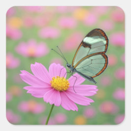 Glasswing Butterfly On a Cosmos Quadratischer Aufkleber