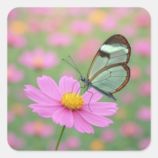 Glasswing Butterfly On a Cosmos Quadratischer Aufkleber (Vorderseite)