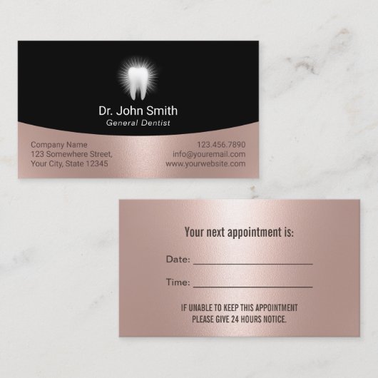 Glastiger Zahn Schwarz & Rose Gold Zahnersatz Terminkarte (Vorne/Hinten)