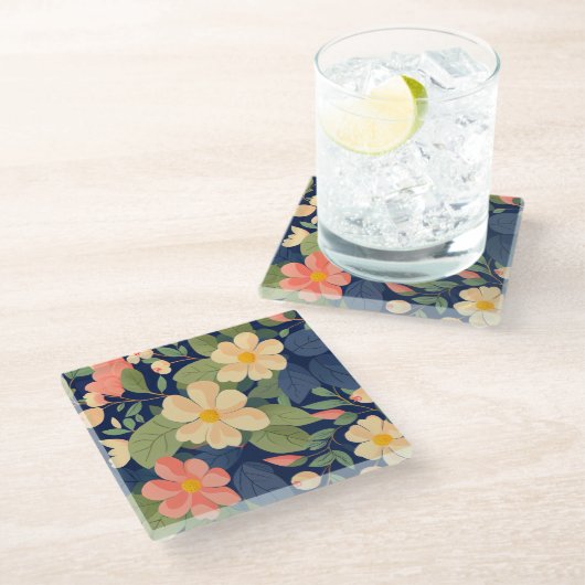 Glasuntersetzer Navy Pfirsich Rosa Blumen Botanisc (Schrägansicht)