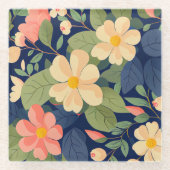 Glasuntersetzer Navy Pfirsich Rosa Blumen Botanisc (Vorderseite)