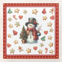Glasuntersetzer Schneemann und Weihnachtskekse Rot
