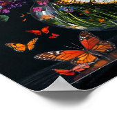 Glasvase mit bunten Schmetterlingen und Blume. Poster (Ecke)