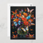 Glasvase mit bunten Schmetterlingen und Blume. Postkarte (Vorne/Hinten)