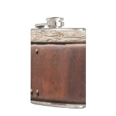 Glattbraun, aus Eisen, Nieten, Leder und Holz Flachmann (Links)