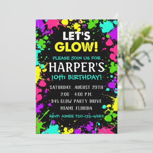 glatte Party Einladung | Glow Birthday Party Einla (Stehend Vorderseite)
