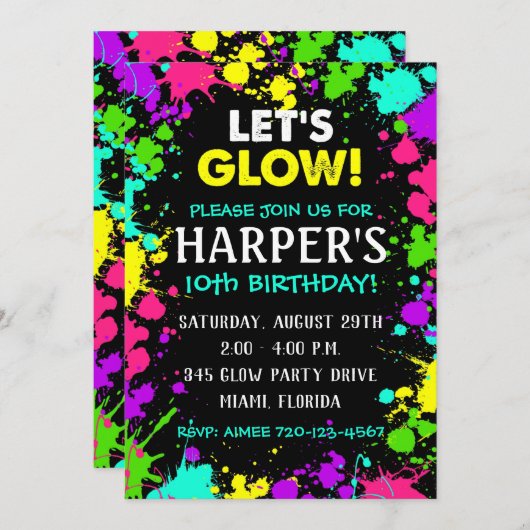 glatte Party Einladung | Glow Birthday Party Einla (Vorne/Hinten)