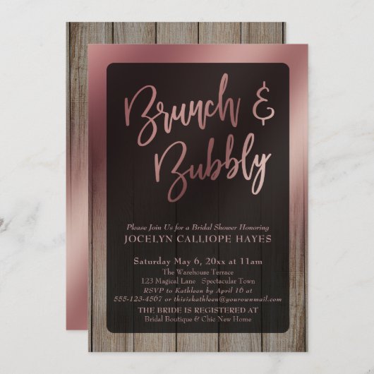Glatte Rose Gold Bartholz Brunch & Bubbly Einladung (Vorne/Hinten)