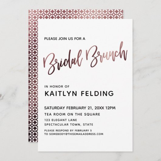 Glatte Rose Gold Ombre Bridal Brunch Typografie Einladung (Vorne/Hinten)