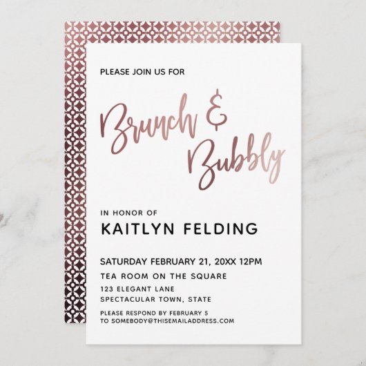 Glatte Rose Gold Ombre Brunch & Bubbly Typografie Einladung (Vorne/Hinten)