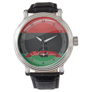 Glatte runde Pan-Afrikanische Flagge Armbanduhr