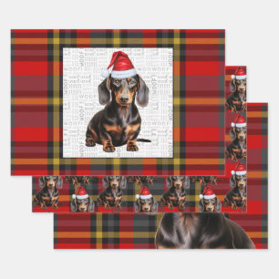 Glatter Dachshund Weihnachtshund und rotes Karomus Geschenkpapier Set