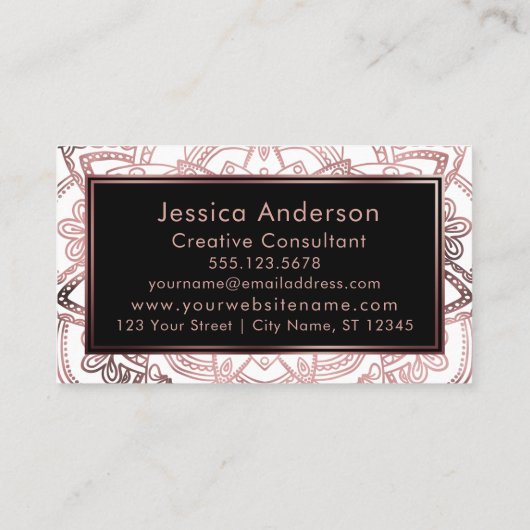 Glatter Rosen-GoldfolieMandala über Weiß Visitenkarte (Rückseite)