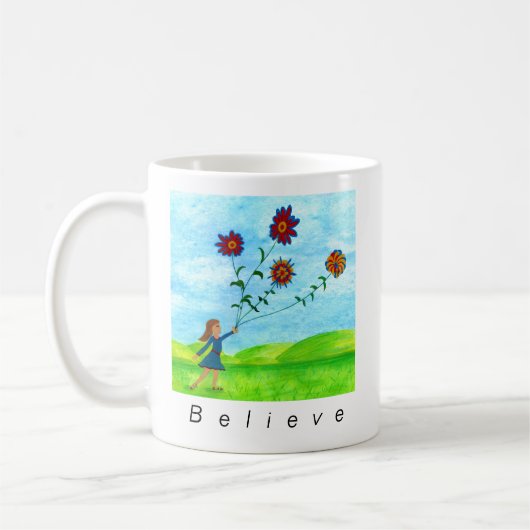 "Glaube an das Unmögliche" Mädchen mit Blume Kites Kaffeetasse (Links)