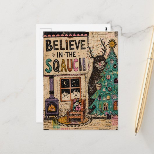 Glaube an die Squatch-Weihnachtscollage Postkarte (Vorderseite/Rückseite Beispiel)