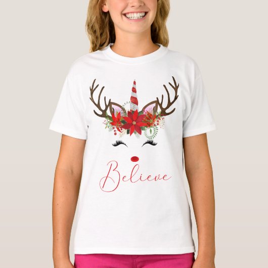 Glaube an Red & White Poinsettia Reindeer Unicorn T-Shirt (Vorderseite)
