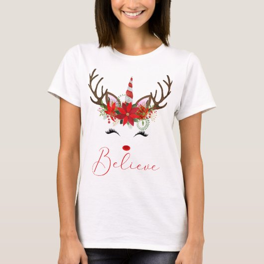 Glaube an Red & White Poinsettia Reindeer Unicorn T-Shirt (Vorderseite)