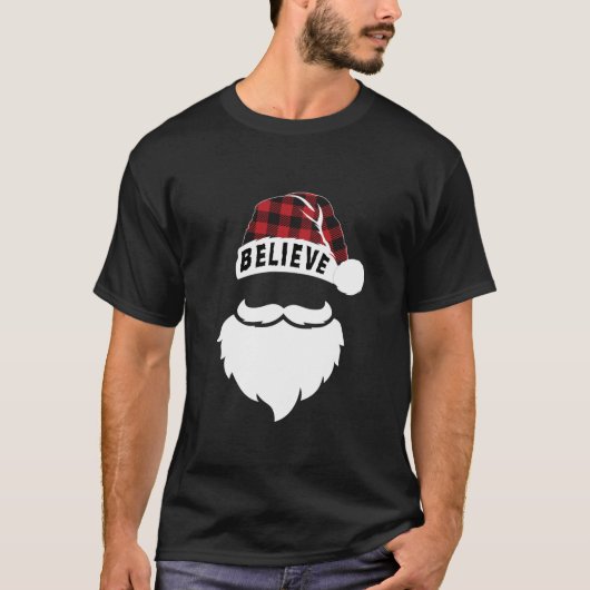Glaube an Santa Christmas Hat Buffalo Kariert Whit T-Shirt (Vorderseite)