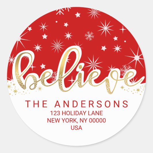 Glaube an Weihnachten Red Gold Script Rücksendeadr Runder Aufkleber (Vorderseite)
