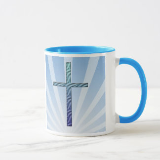 Glaube-Blaues religiöses Kreuz mit Sonnenstrahlen Tasse