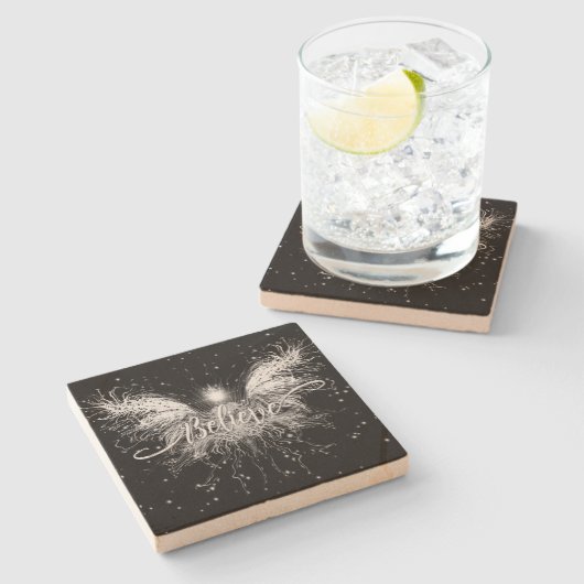 Glaube Fairy Starlight Fantasy Black Steinuntersetzer (Seitenansicht)