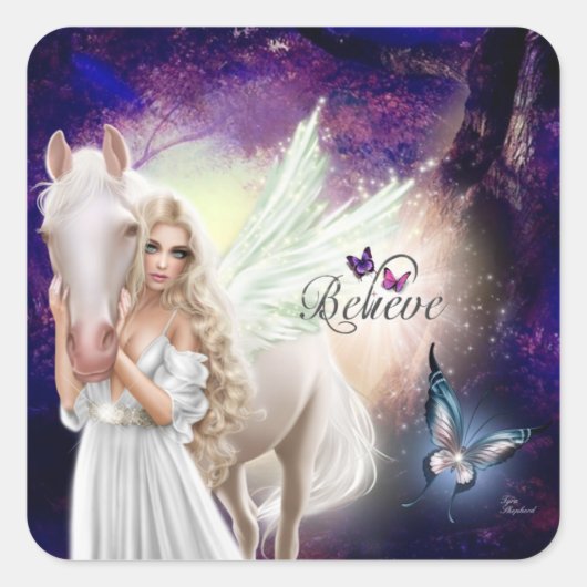 Glaube Fantasy Fairy Angel mit dem Weißen Pferd Quadratischer Aufkleber (Vorderseite)