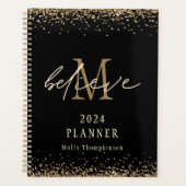 Glaube Gold Glitzer 2024 Monogramm Name Schwarz Planer (Vorderseite)